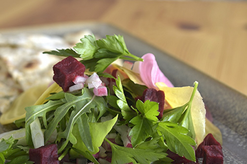 Roasted and pickled beetroot salad, flatbread and lemon chive cream cheese